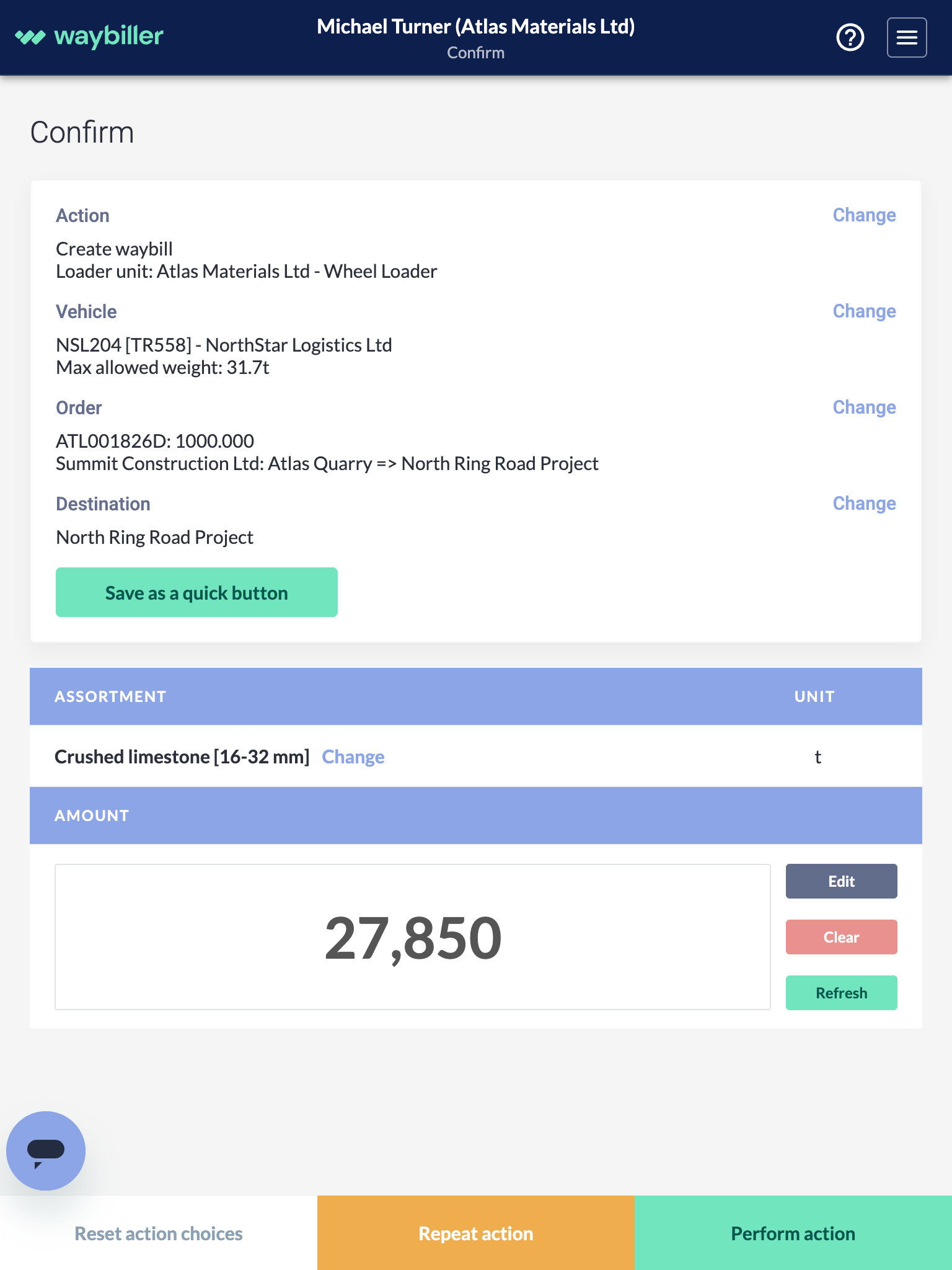 Waybiller loader scale software digital waybill confirmation workflow with captured weight