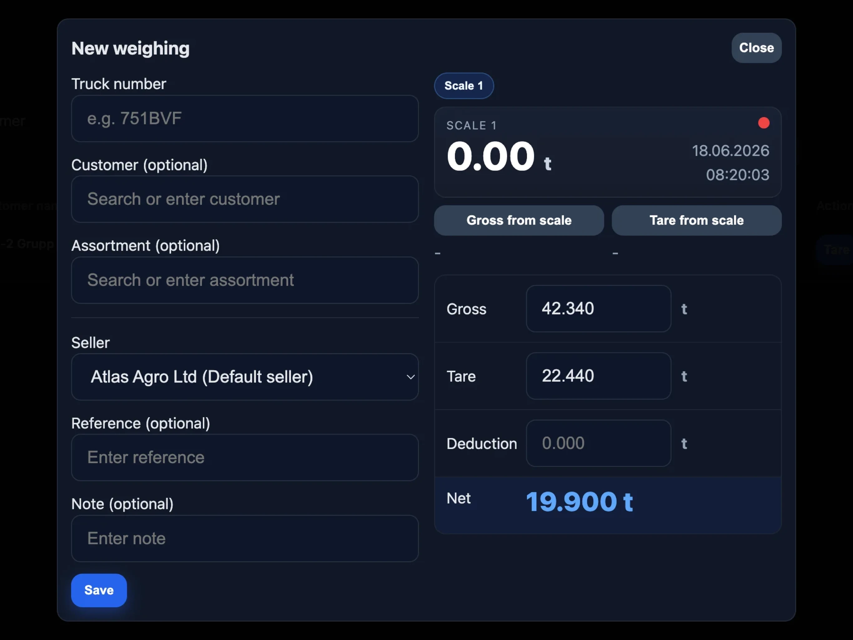 Waybiller digital weighing ticket form with gross tare and net weight calculation